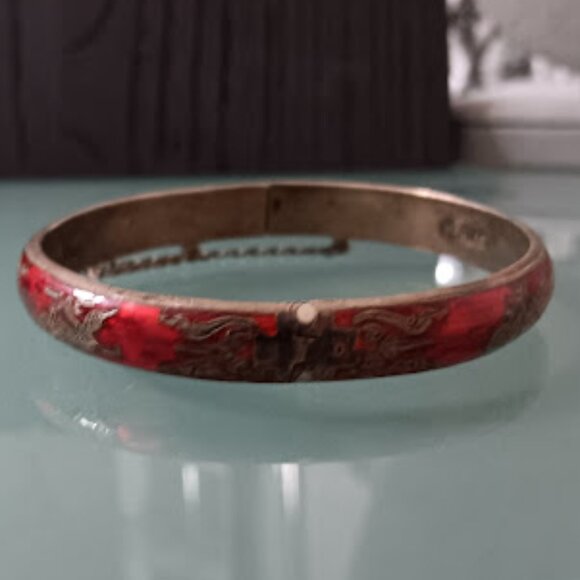 VINTAGE 1940's Sterling Siam Ruby Red Enamel Hinged Bangle Bracelet 14.5 Grams - Picture 7 of 7